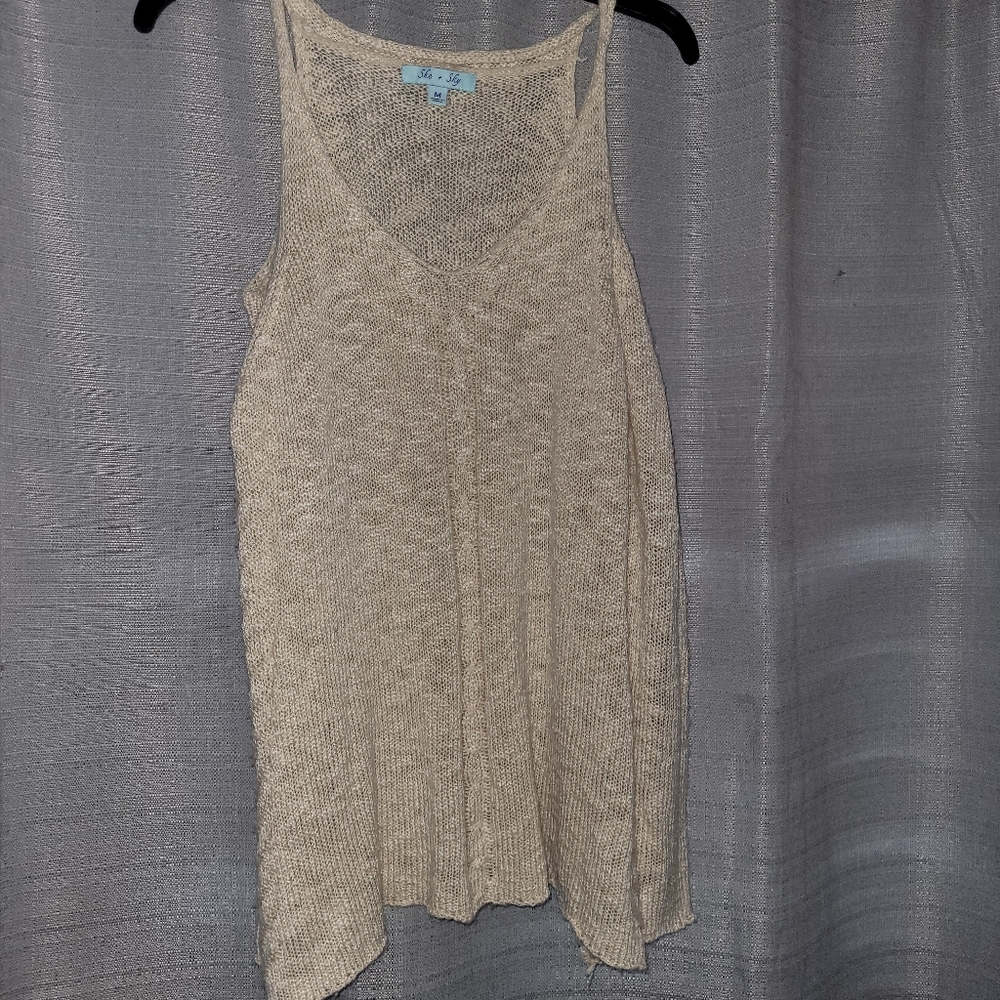 Tan long sleeve knit sweater with shoulder slits brand she+sky size medium